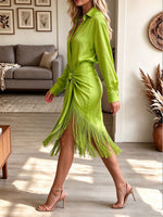 Chic Fringe-Hem Satin Shirt Dress