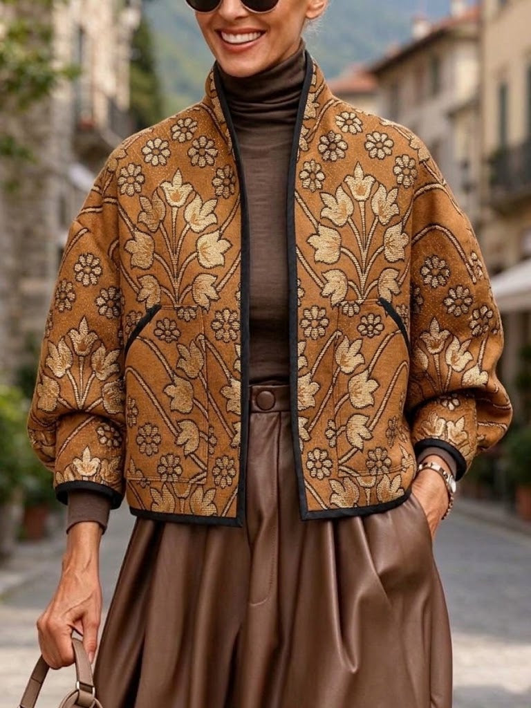 Vintage-style Floral Jacquard Stand-collar Jacket