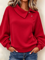 Casual Vibrant Red Fold-over Collar Sweatshirt