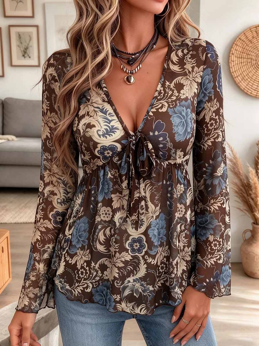 Women's Vintage Floral Print V-neck Tie Front Chiffon Blouse
