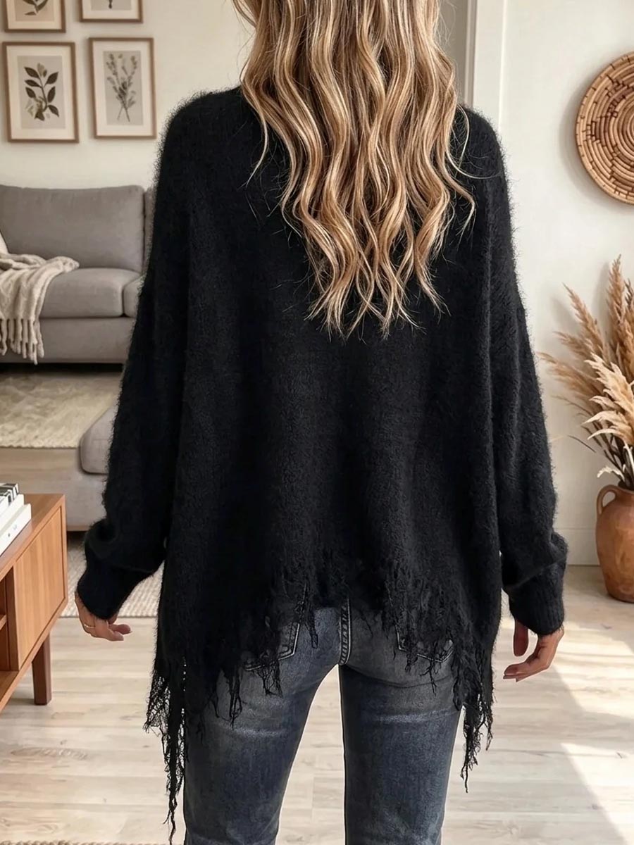 Women's Fuzzy Draped Cowl Neck Asymmetrical Fringe Hem Sweater