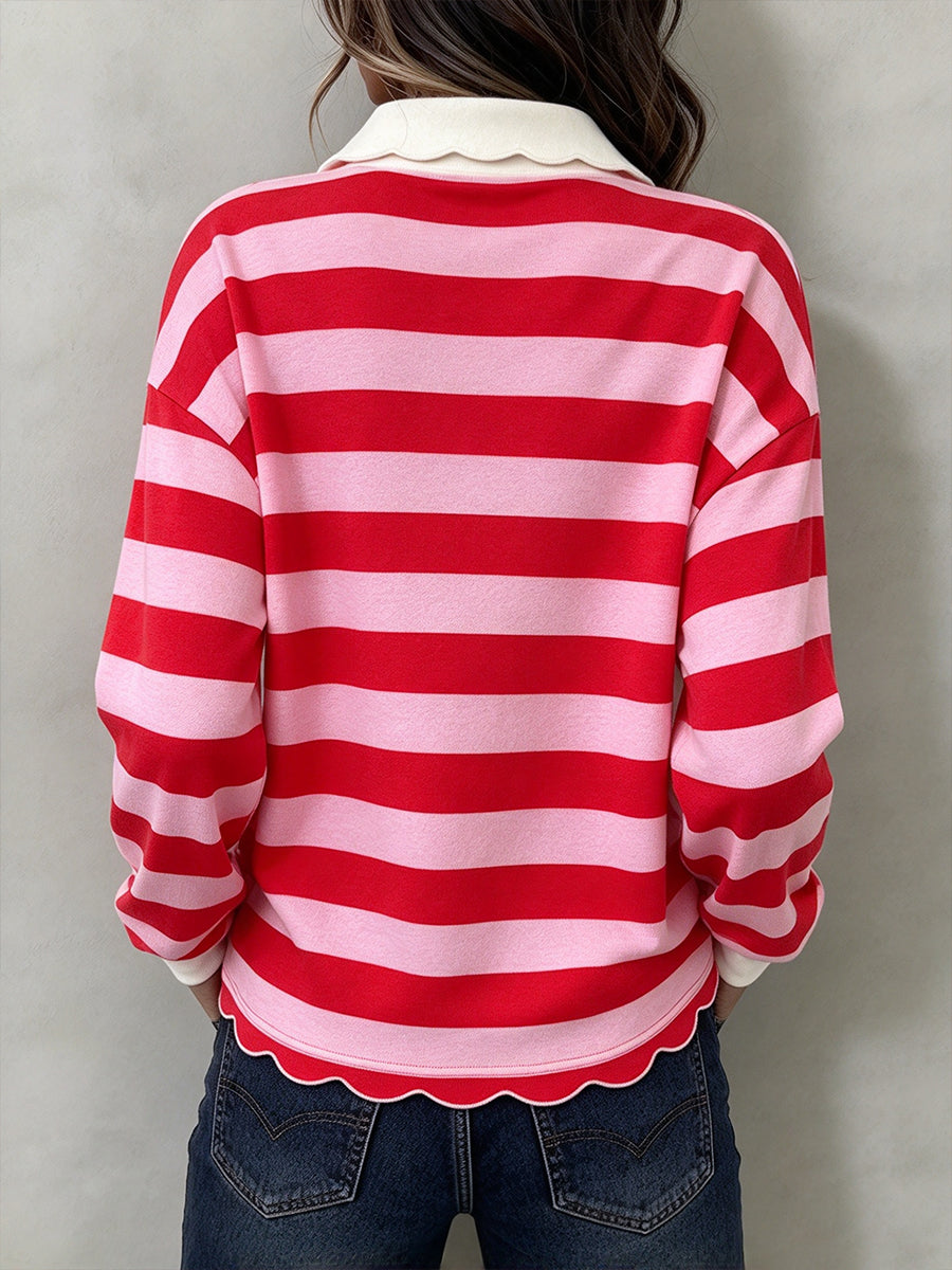 Casual Striped Cotton Sweatshirt With Fan-shaped Collar