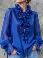 Elegant Ruffled Collar Sheer-sleeve Ruffled Rosette Blouse