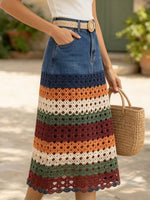 Bohemian Denim And Crochet Patchwork Midi Skirt