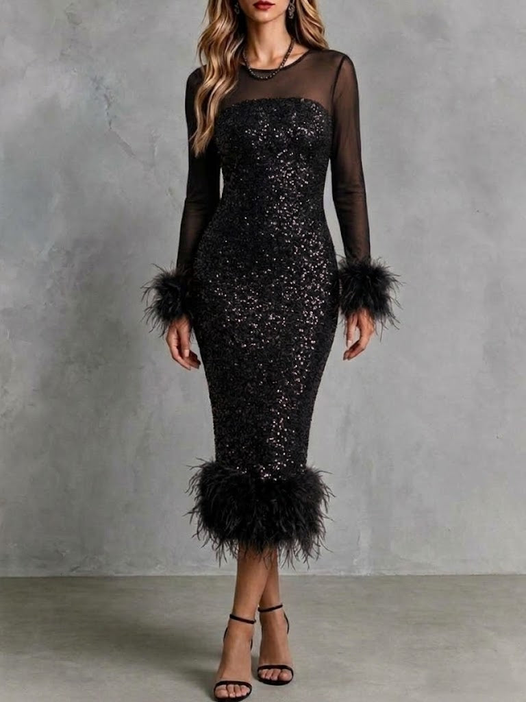 Sequin And Mesh Midi Dress With Feather Trim And Bodycon Fit