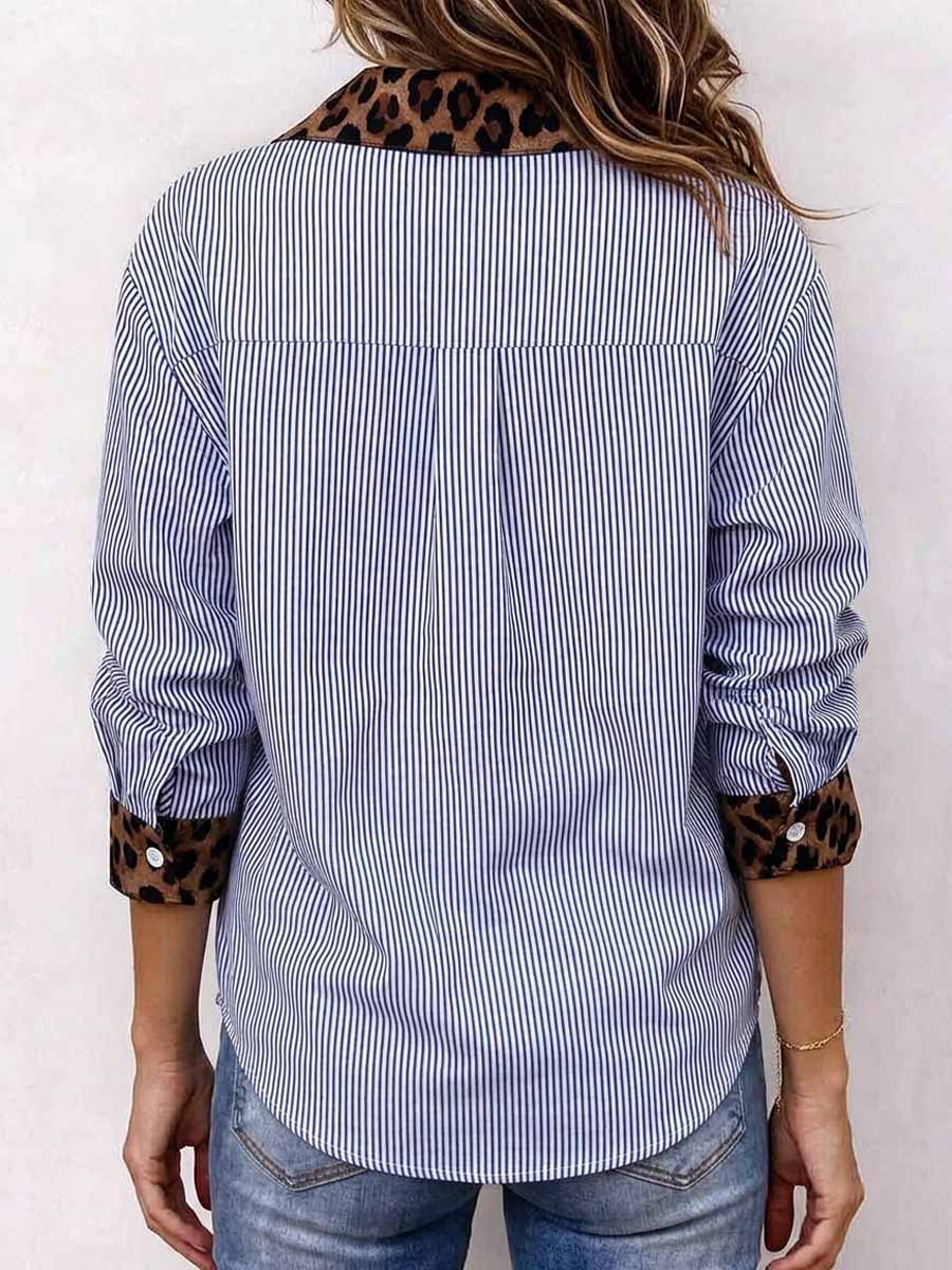 Women's Vertical Striped Button Down Shirt with Leopard Print Contrast