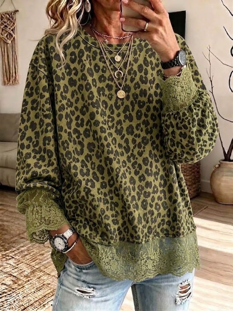 Long-sleeve "faux-layered" Top With Leopard Print And Lace Paneling