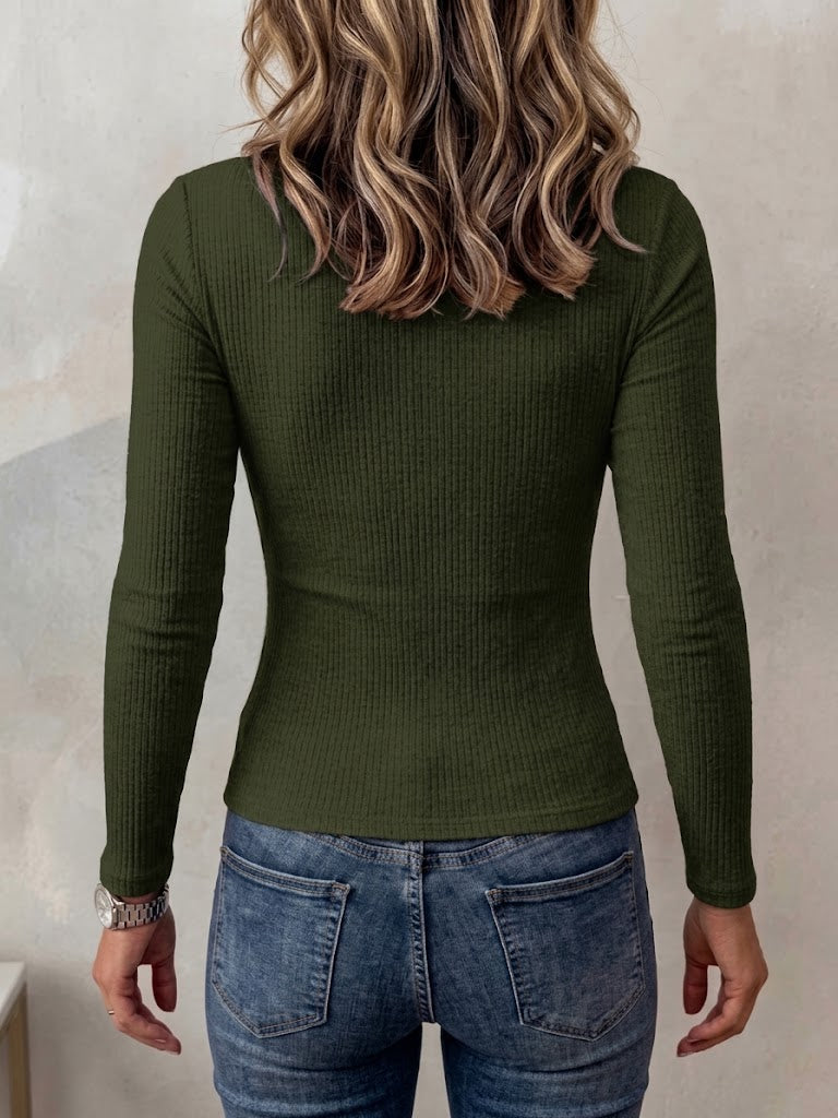 Crew Neck Chest Cutout Deep V Fitted Ribbed Long Sleeve Knit Top