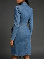 Elegant Long Sleeve Denim Midi Dress With Cascading Ruffles