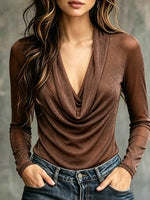 Chic Shimmering Draped Cowl-neck Knit Top