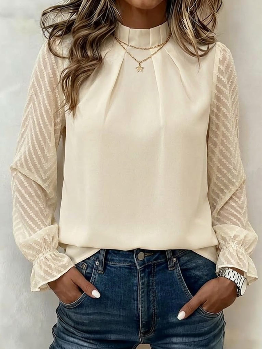 Long-sleeve Top With A Mock Neck And Paneled, Wavy-patterned Chiffon