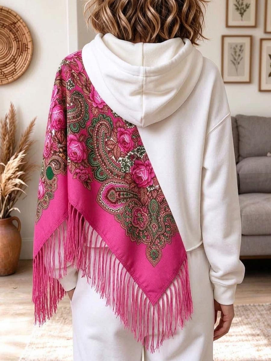 Women's White Hoodie With Attached Pink Floral Fringe Shawl