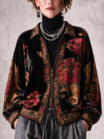 Bohemian Glam Vintage Floral Print Velvet Zip-up Jacket