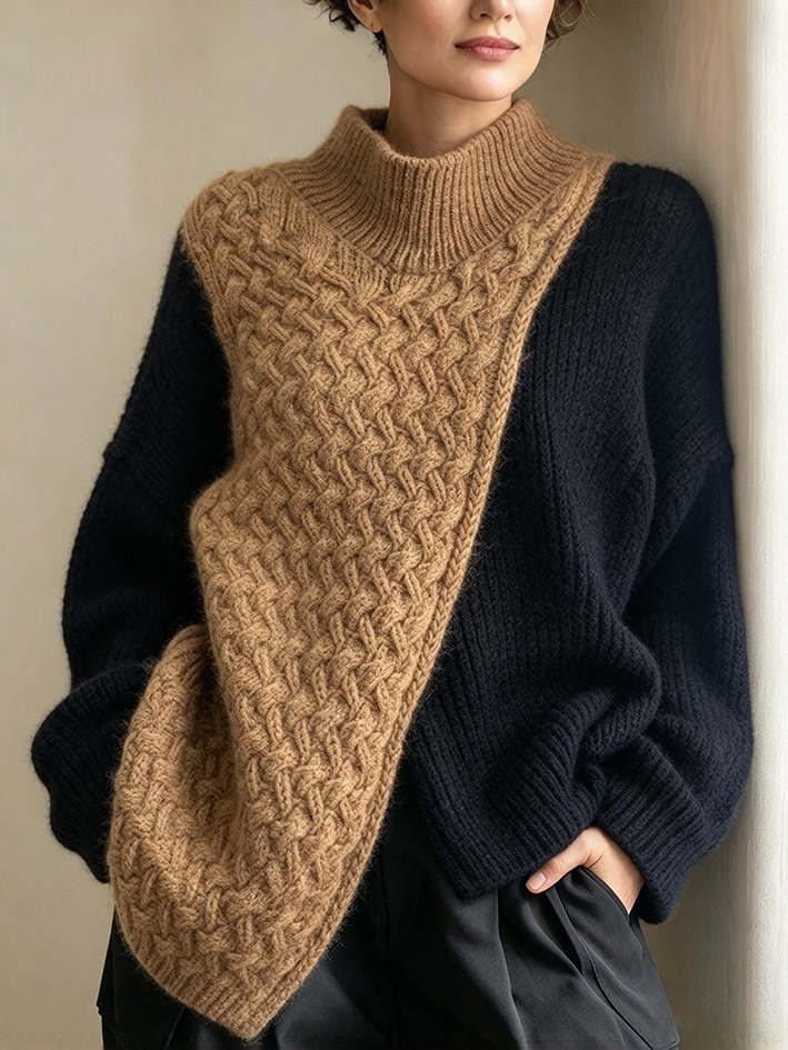 Modern Cozy Colorblock Cable-knit Mock Neck Sweater