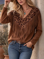 Chic Western-style Leopard Print Faux-suede Top With Fringe