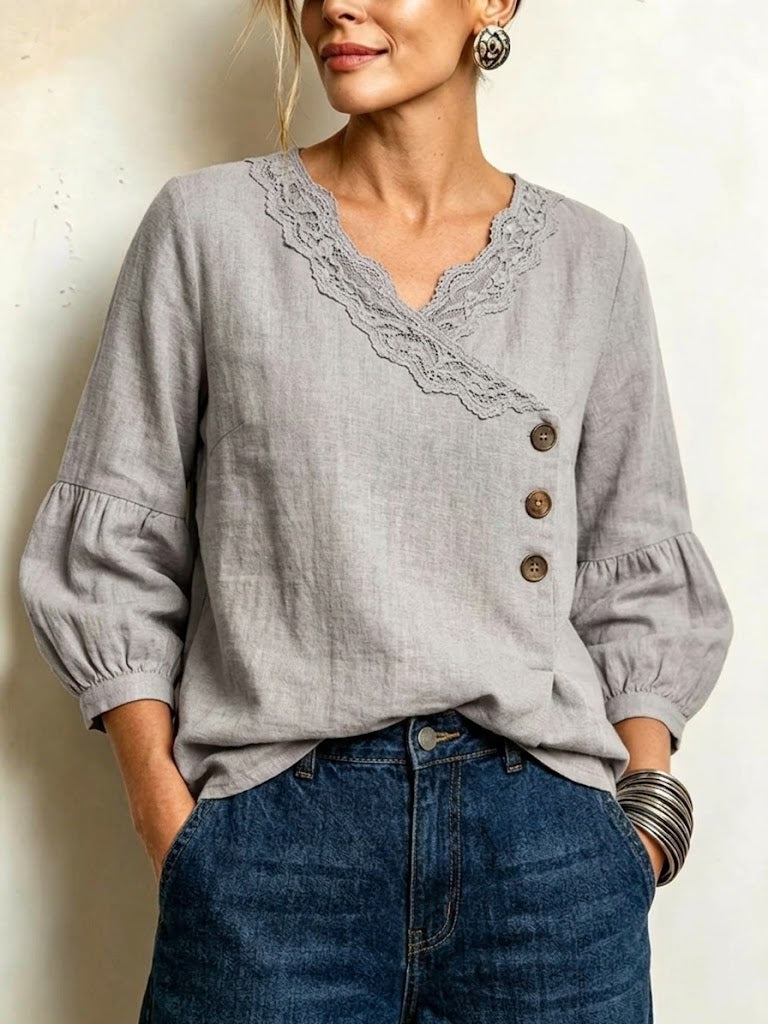 Lace V-neck Lantern-sleeve Top With Diagonal Button Closure