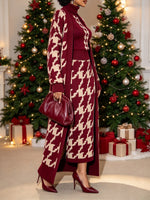 Elegant Burgundy Houndstooth Long Knit Cardigan