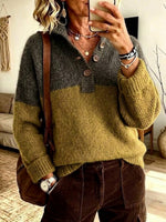 Color-block Loose-fit Chunky Knit Sweater With A Partial Button Placket
