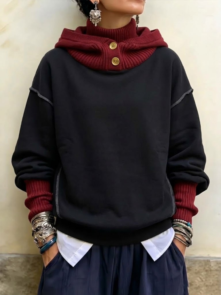 Hooded Sweatshirt With A Color-block Ribbed Collar