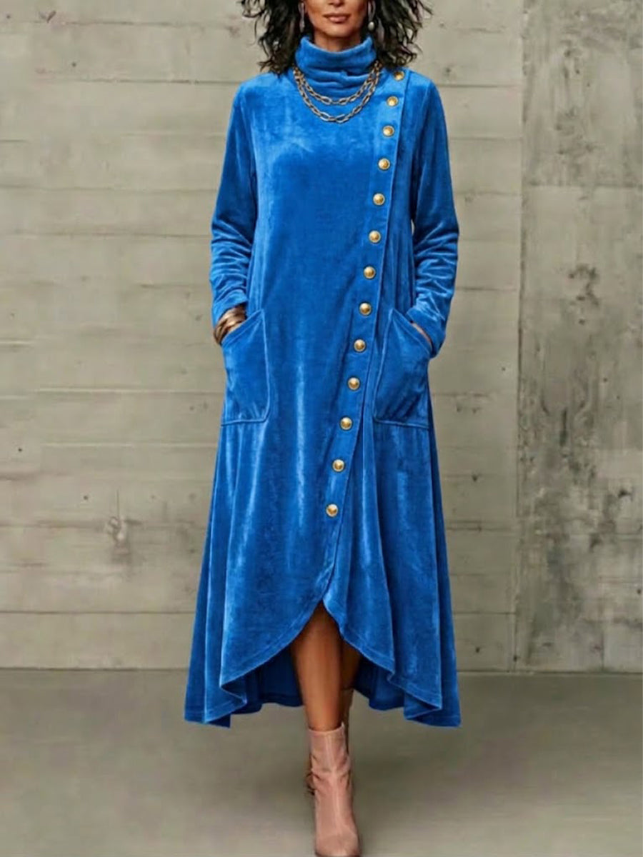 High-neck Velvet Maxi Skirt With An Asymmetrical Hem And Diagonal Button Detail