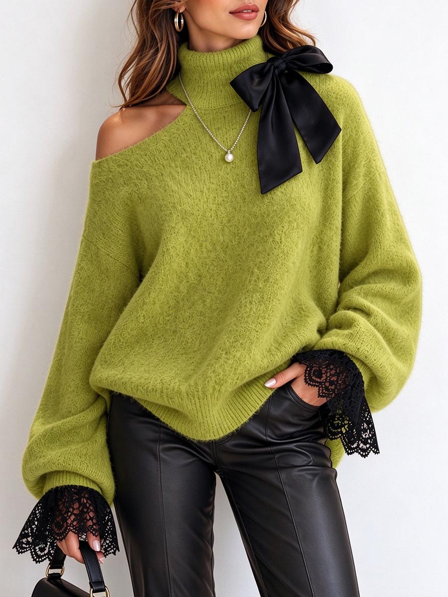 Women's Fuzzy Green Cold Shoulder Sweater With Black Satin Bow And Lace Cuffs