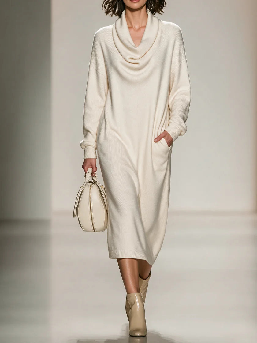 Chic, Elegant, Loose-fitting Midi Knit Dress With A Draped Collar.