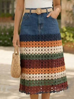 Bohemian Denim And Crochet Patchwork Midi Skirt
