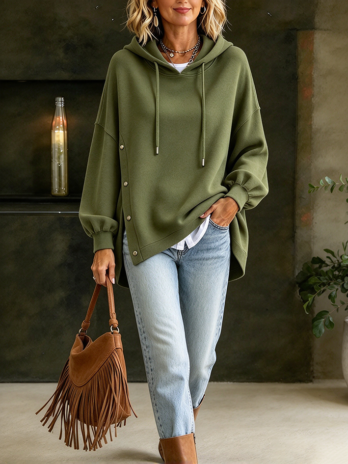 Olive Green Asymmetric Button Hooded Cotton Sweatshirt