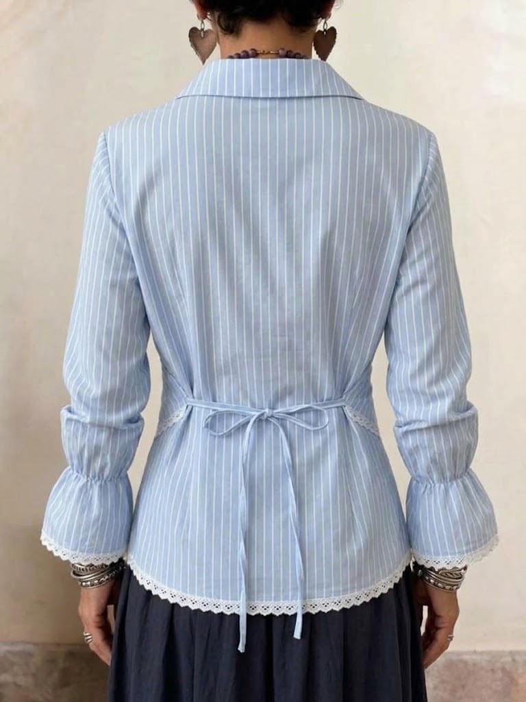 Striped Lace-trimmed Shirt With Lapel And Wrap-waist Detail
