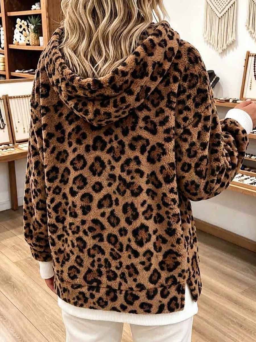 Women's Fuzzy Leopard Print Pullover Hoodie with Contrast Trims