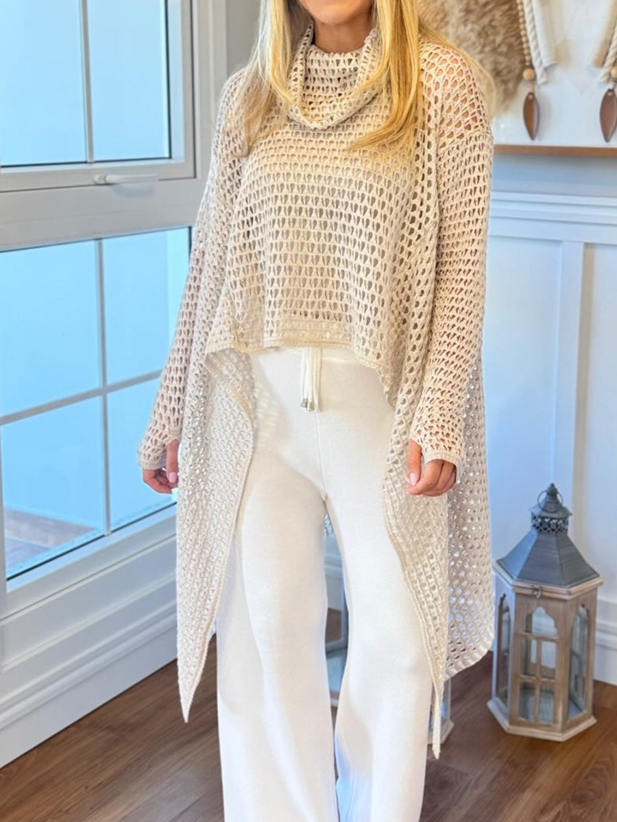 Chic Long-line Knit Sweater With A Stacked Collar And Cut-out Detailing.