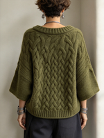 Chic Relaxed Batwing Olive Green Cable-knit Sweater