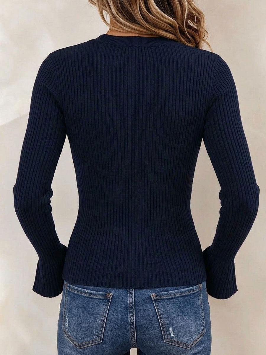 Women's V-neck Color Block Ribbed Knit Sweater With Asymmetrical Button Detail