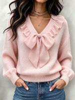 Chic Chiffon Ruffled Bow-tie Knit Top