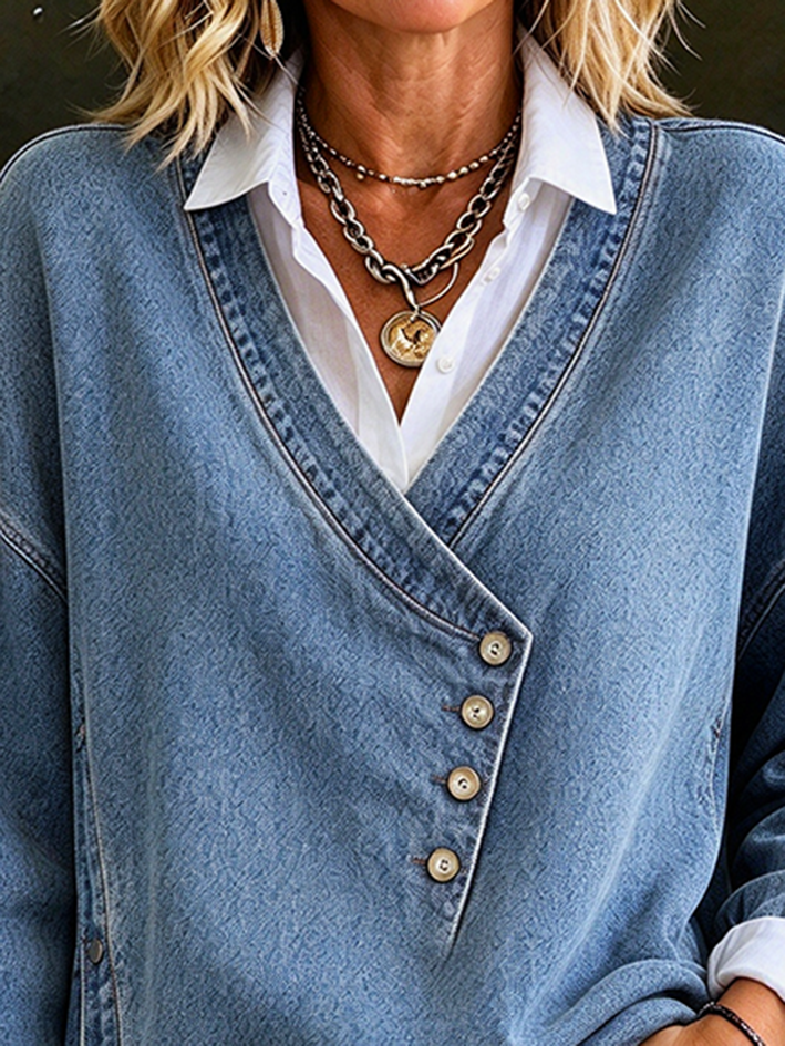 Casual Denim Asymmetric Button Long Sleeve Top