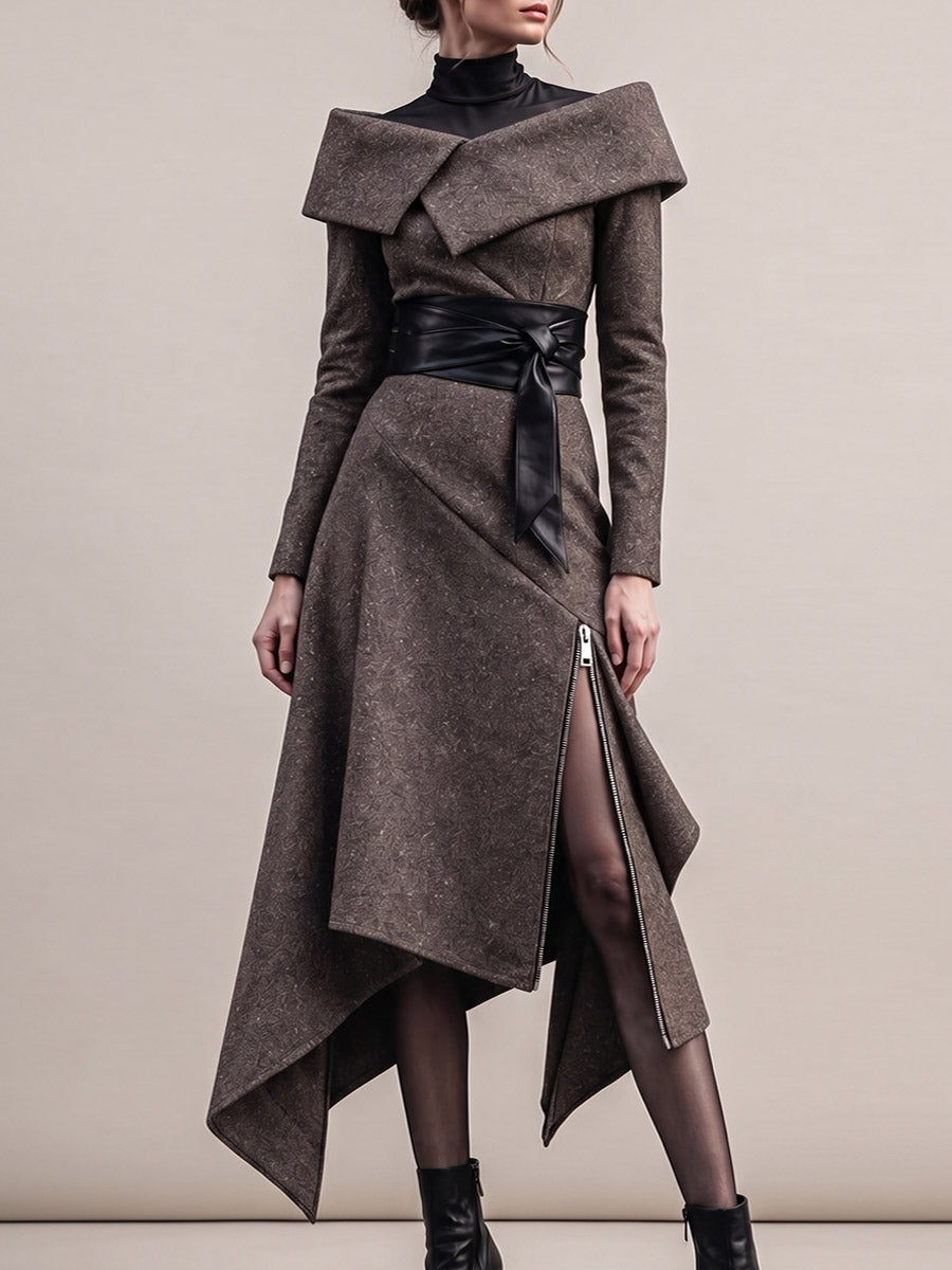 Women's Solid-color Casual Loose Wool-blend Dress With Asymmetric Collar And Long Sleeves