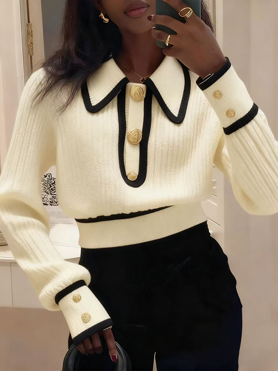 Chic Knit Top With Contrasting Piping