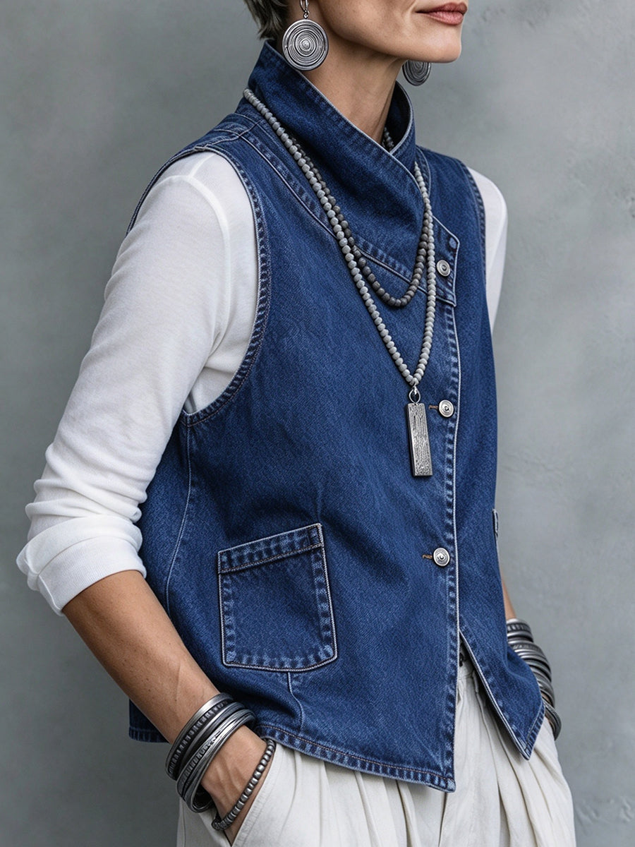 Two-piece Set Featuring A Casual Asymmetrical Denim Vest And A Long-sleeved Cotton Knit Top