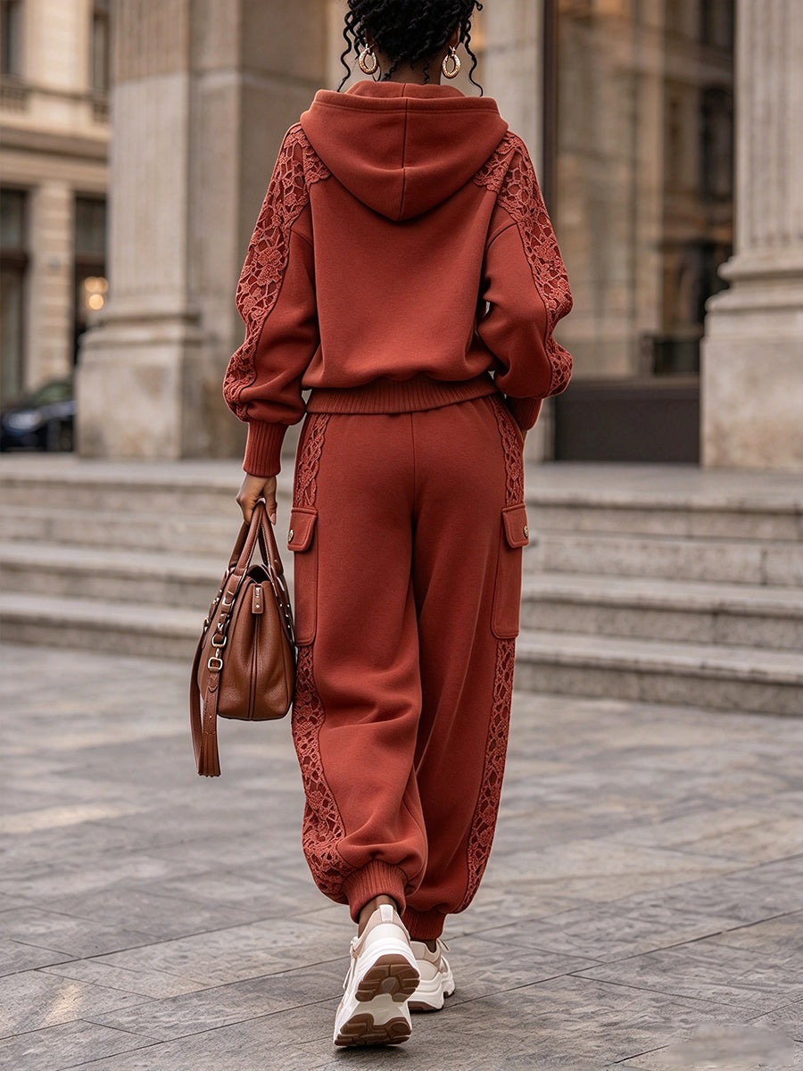 Casual Two-piece Set Featuring A Cotton Hooded Sweatshirt With Lace Detailing And Matching Pants