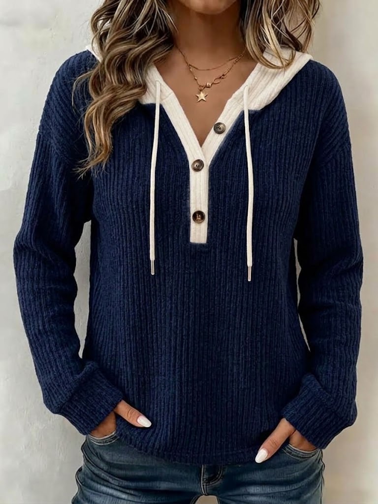 Women's Casual Color-block Hooded Half-button Top
