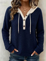 Women's Casual Color-block Hooded Half-button Top