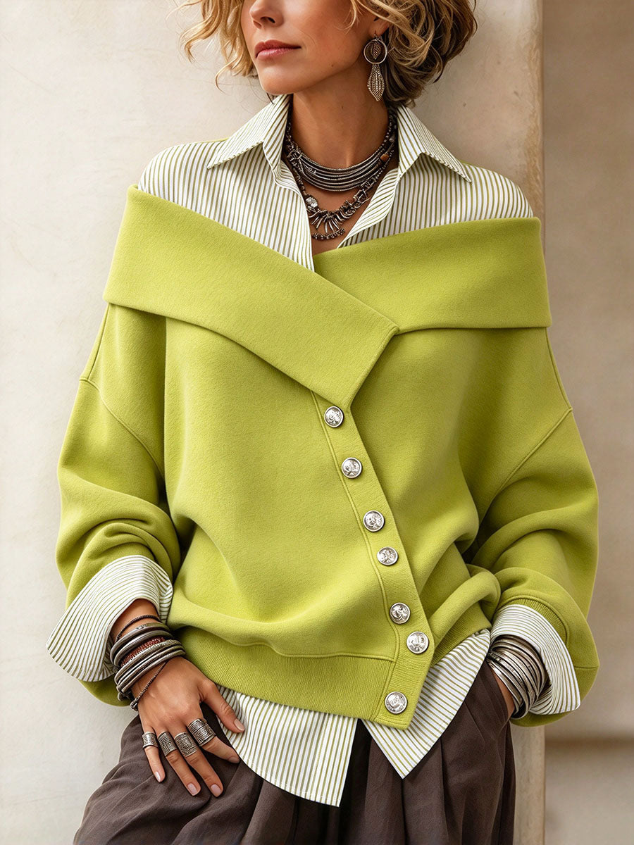 Chic Asymmetric Relaxed Faux Two-piece Olive Green Sweatshirt