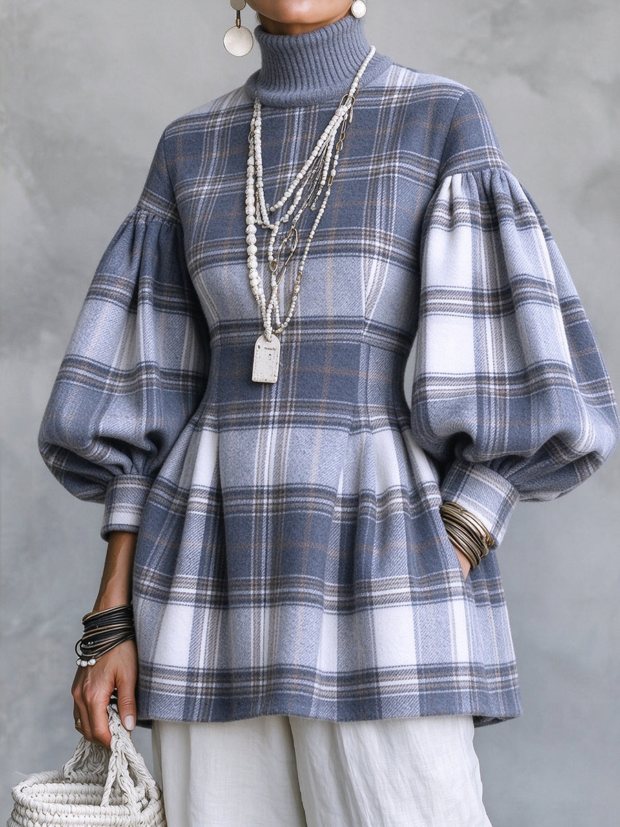 Elegant Plaid Voluminous Sleeve Tunic
