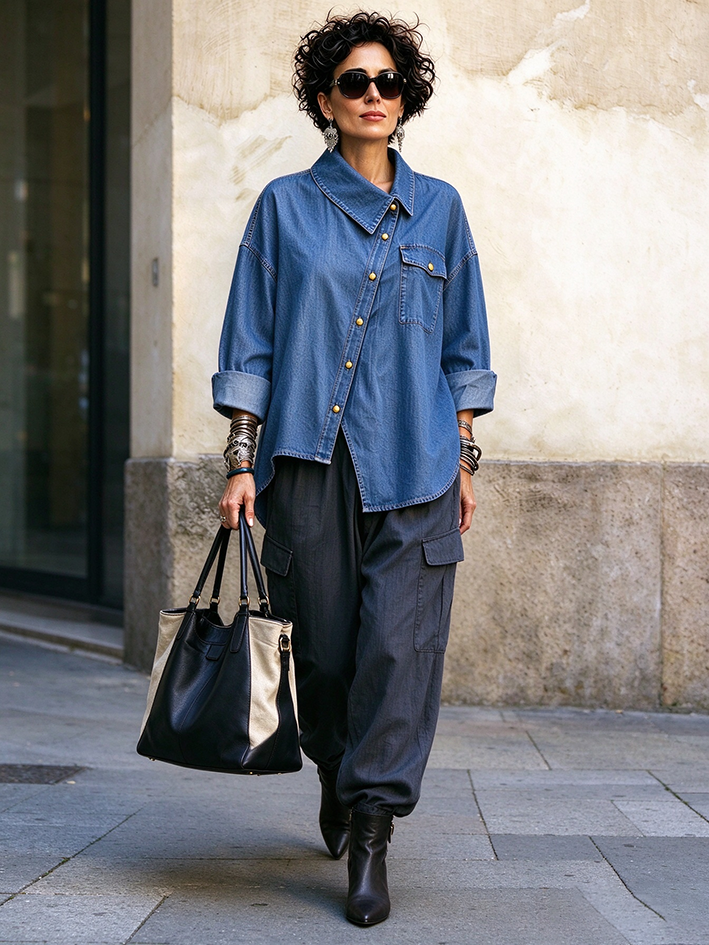 Casual Relaxed Asymmetric Button Up Denim Shirt