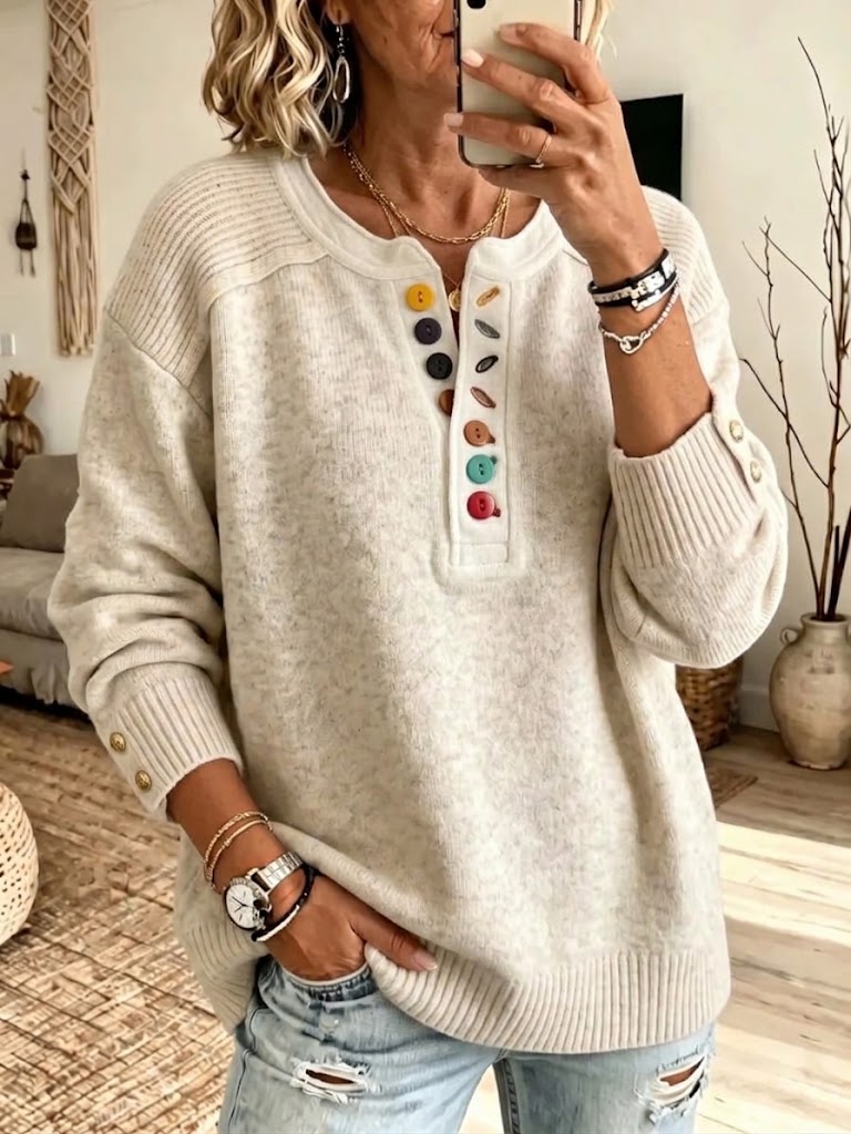 Loose-fit Henley-neck Knit Top With Colored Buttons