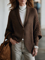 Chic Brown Ribbed And Cable-knit Batwing-sleeve Cardigan