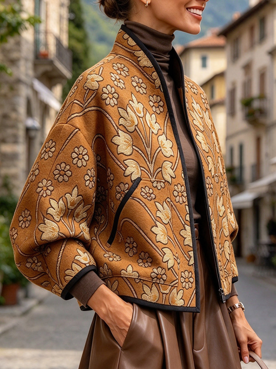 Vintage-style Floral Jacquard Stand-collar Jacket