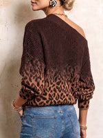 Women's Casual Loose-fit Knit Top With Gradient Leopard Print, One-shoulder Neckline, And Long Sleeves