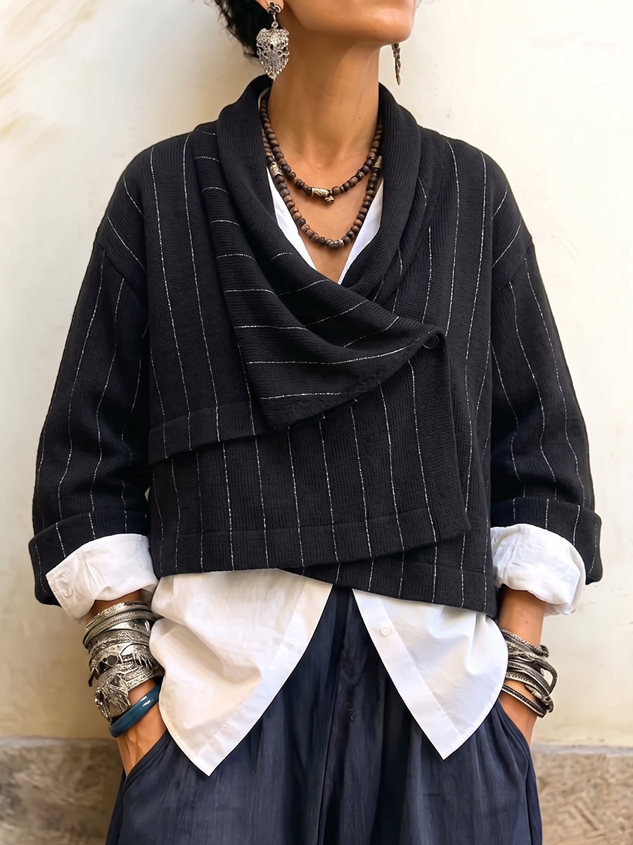Cozy Pinstripe Draped Wrap Cardigan