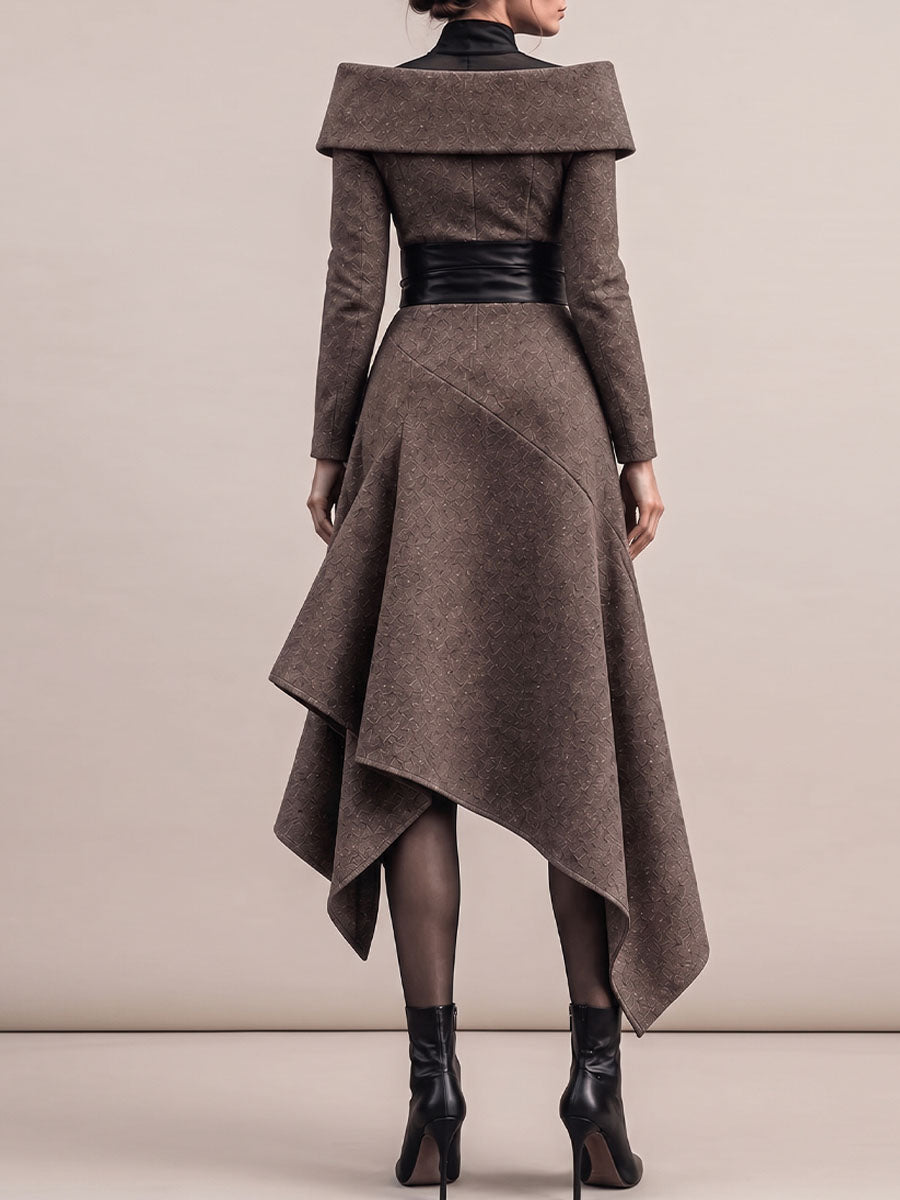 Women's Solid-color Casual Loose Wool-blend Dress With Asymmetric Collar And Long Sleeves